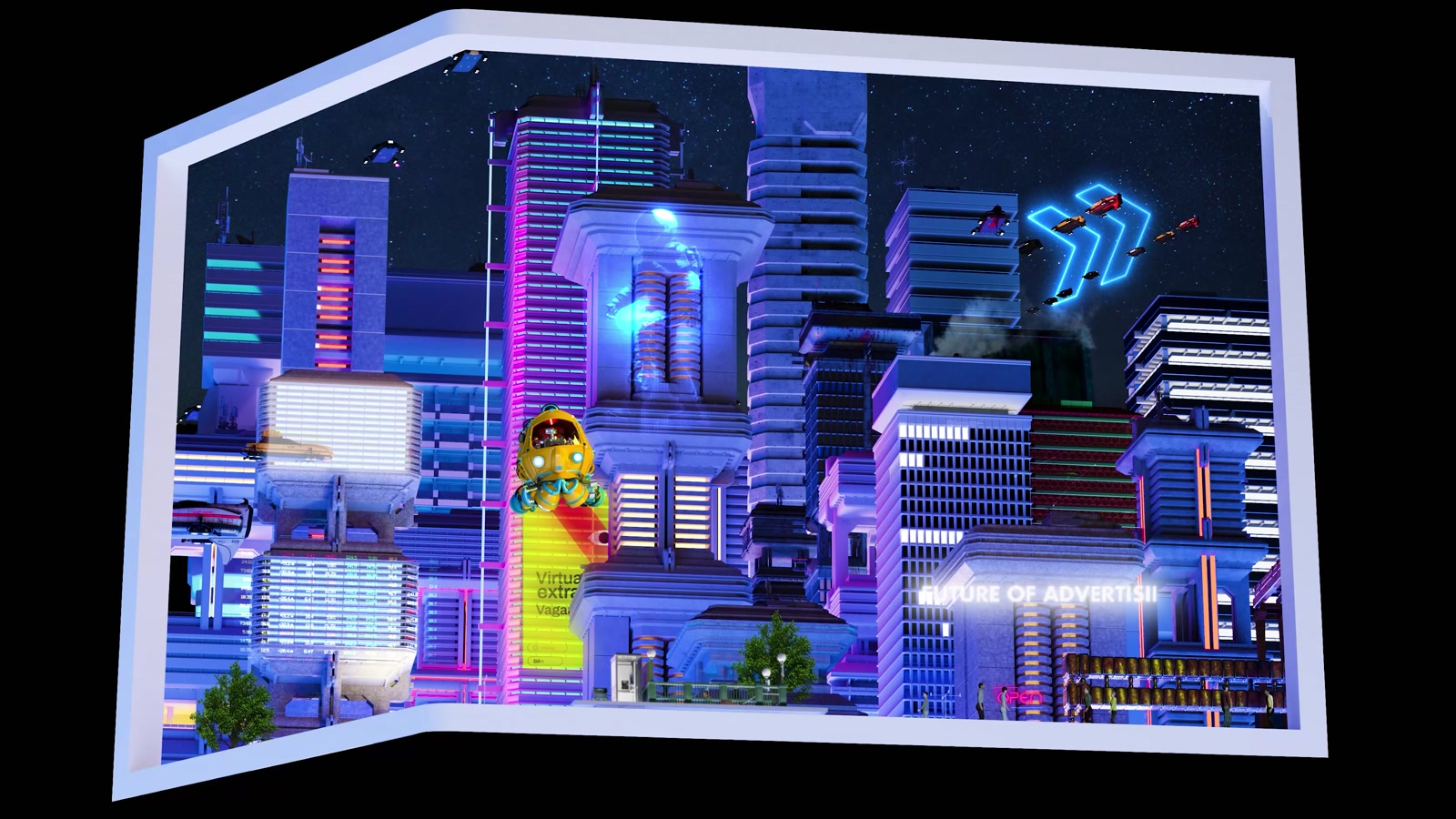 La ciudad futurista combina neón, arquitectura y personajes.